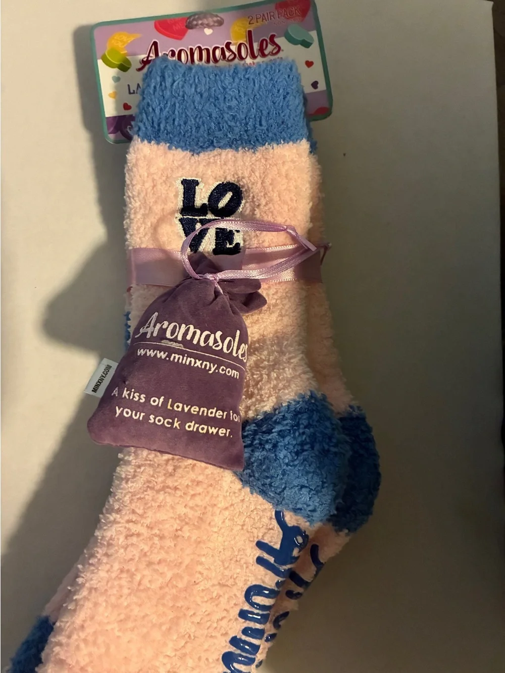 Lavender-Scented Cozy Pink and Blue Fuzzy Socks - LOVE Design